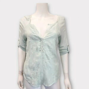 Anthropologie x Tiny Popover Blouse Size XS Boho Lace Silk Tab Roll Sleeves